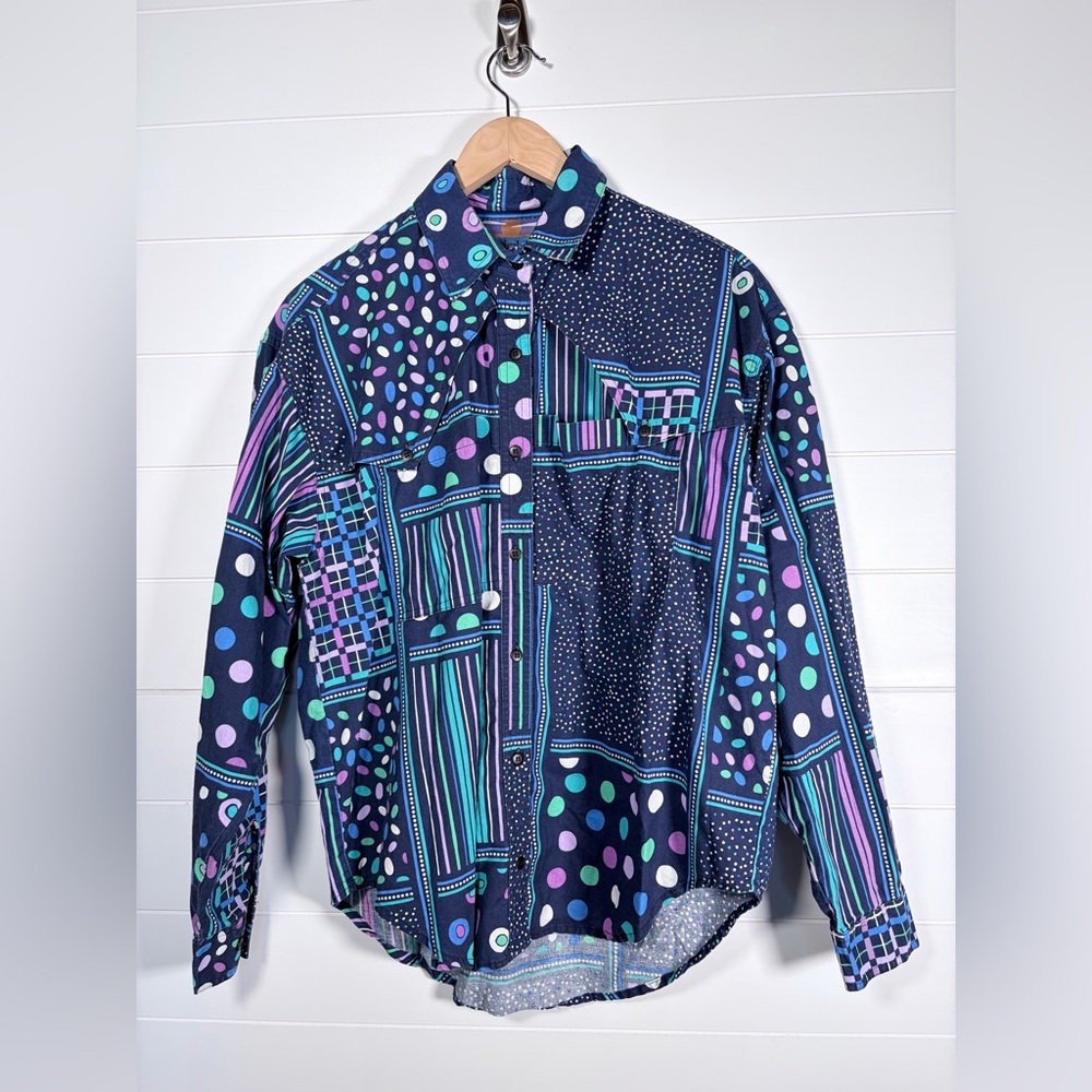 Cricket Colorful Blue Patterned Button Up Shirt Large